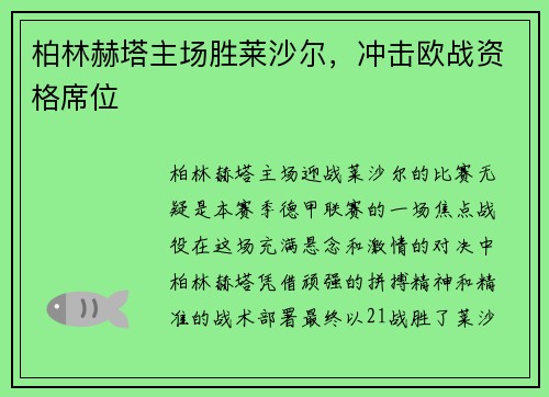 柏林赫塔主场胜莱沙尔，冲击欧战资格席位